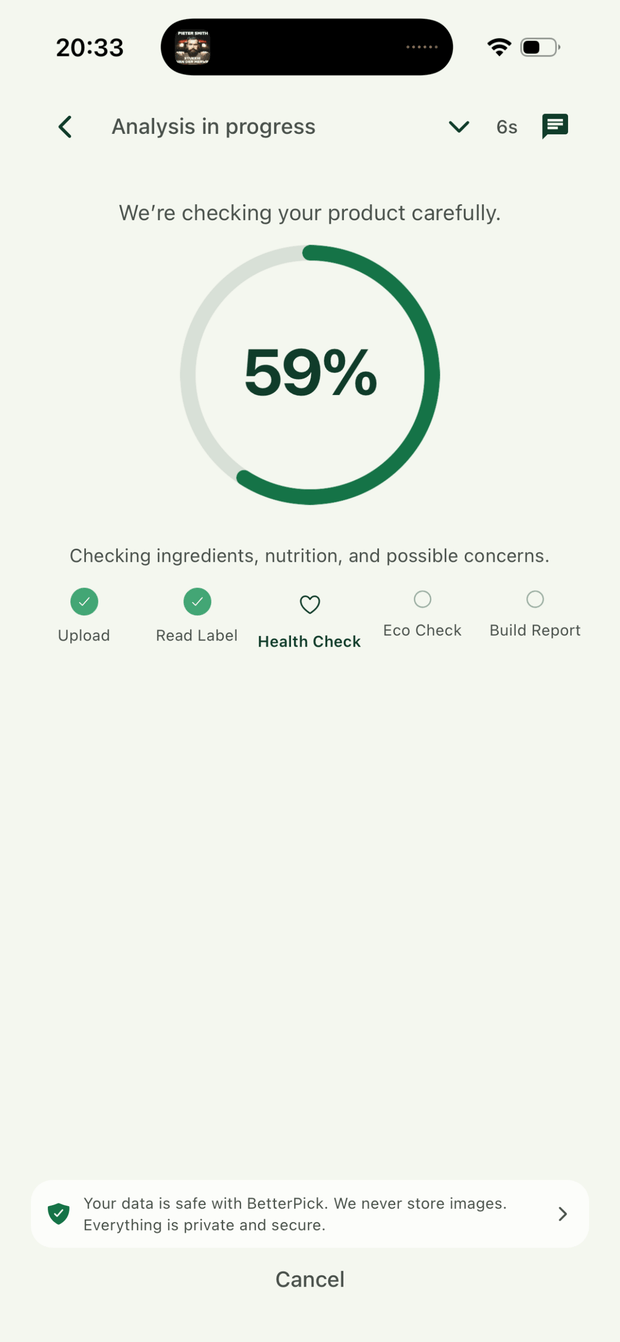 BetterPick analysis in progress screen showing label check at 59 percent