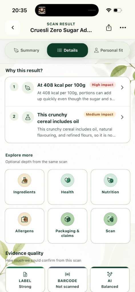 BetterPick scan result details screen with reasons and explore sections