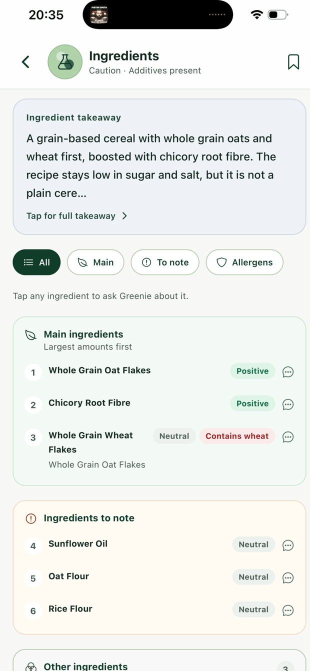 BetterPick ingredients screen with main ingredients and additives flagged