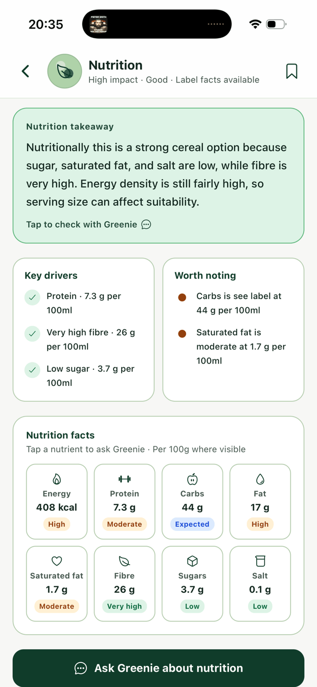 BetterPick nutrition screen with fibre, sugar, and salt highlights