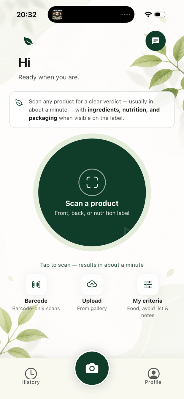 BetterPick camera scan screen pointed at a product label