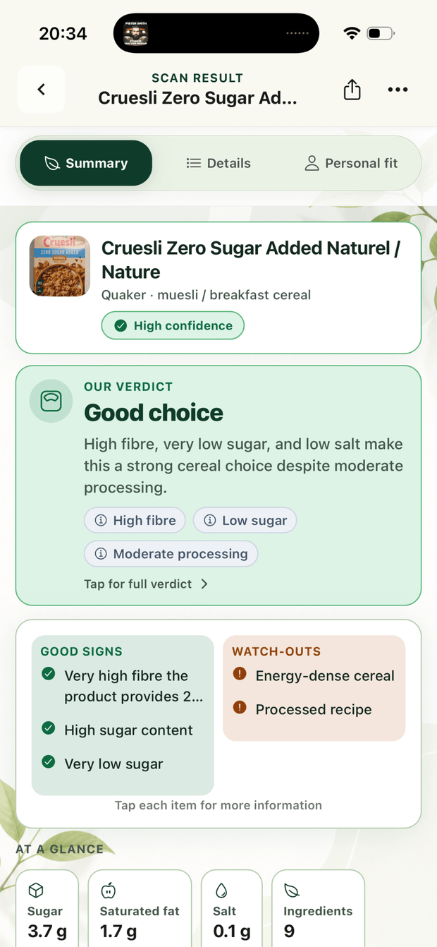 BetterPick scan verdict summary with good choice result