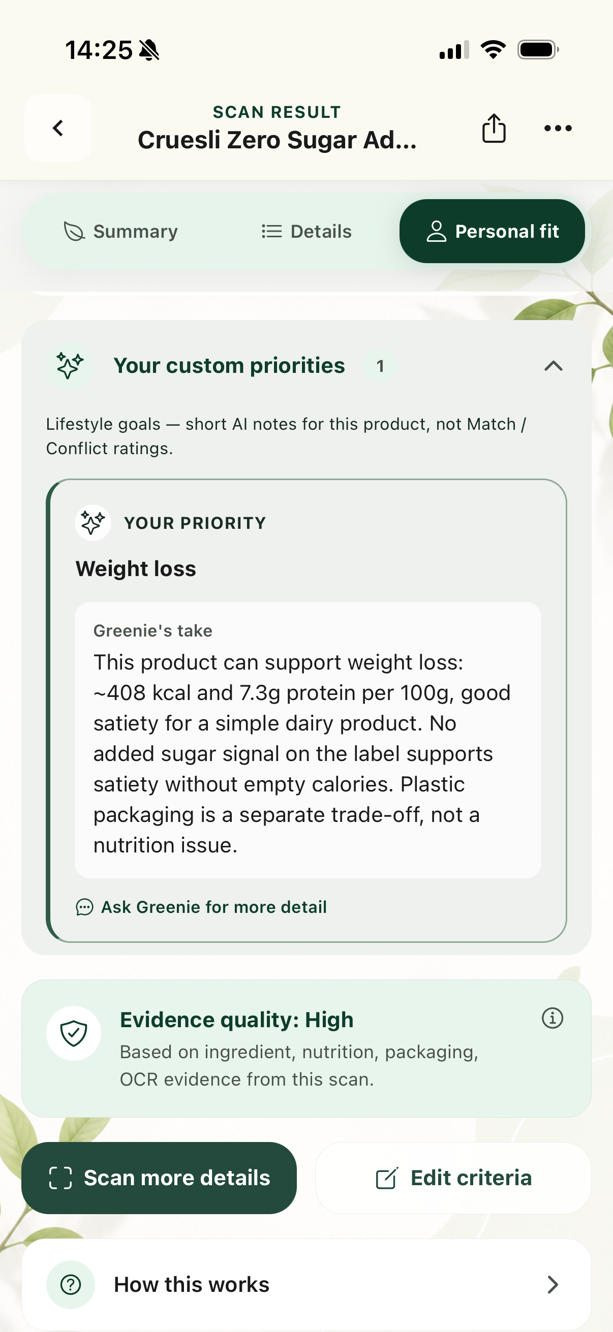 BetterPick personal fit screen showing your custom priorities and Greenie's take