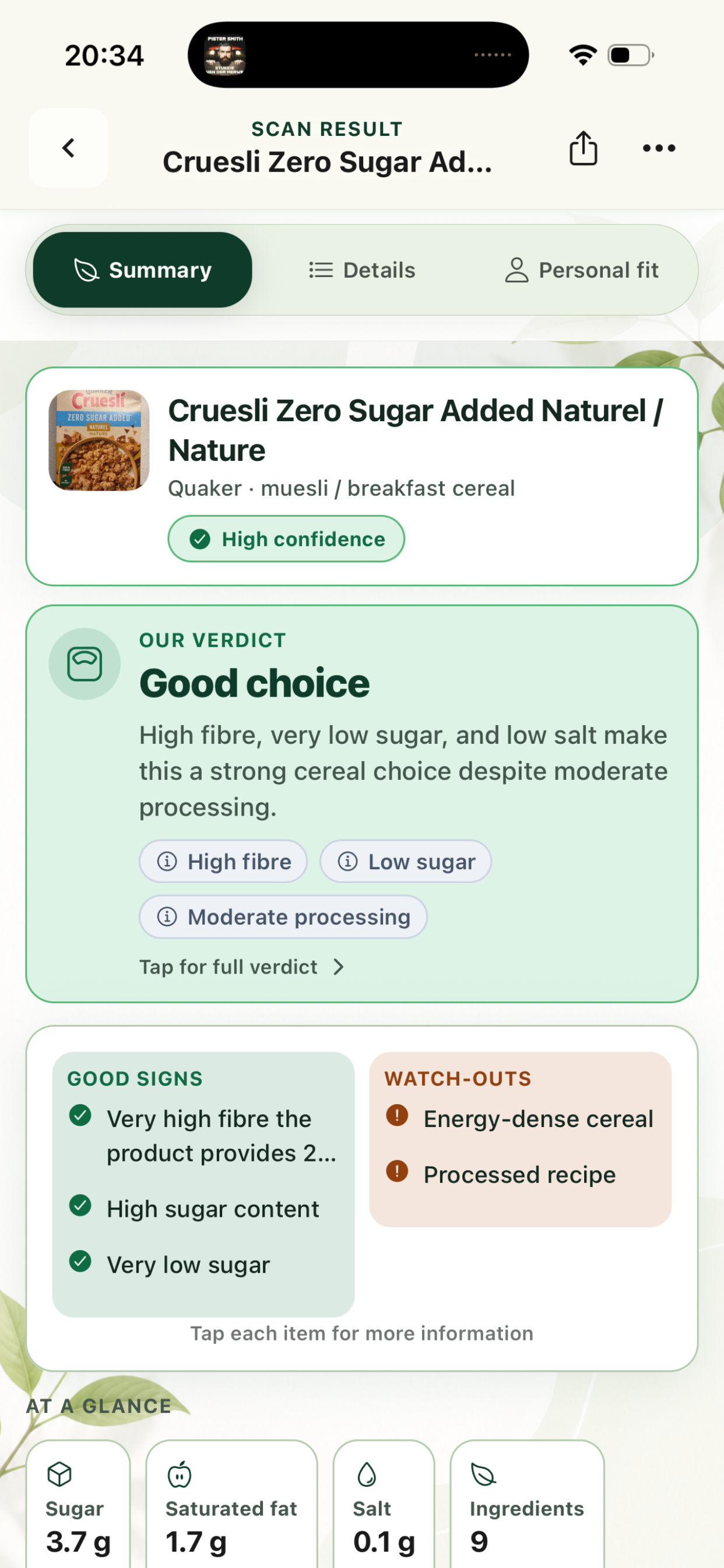 BetterPick scan verdict summary with good choice result